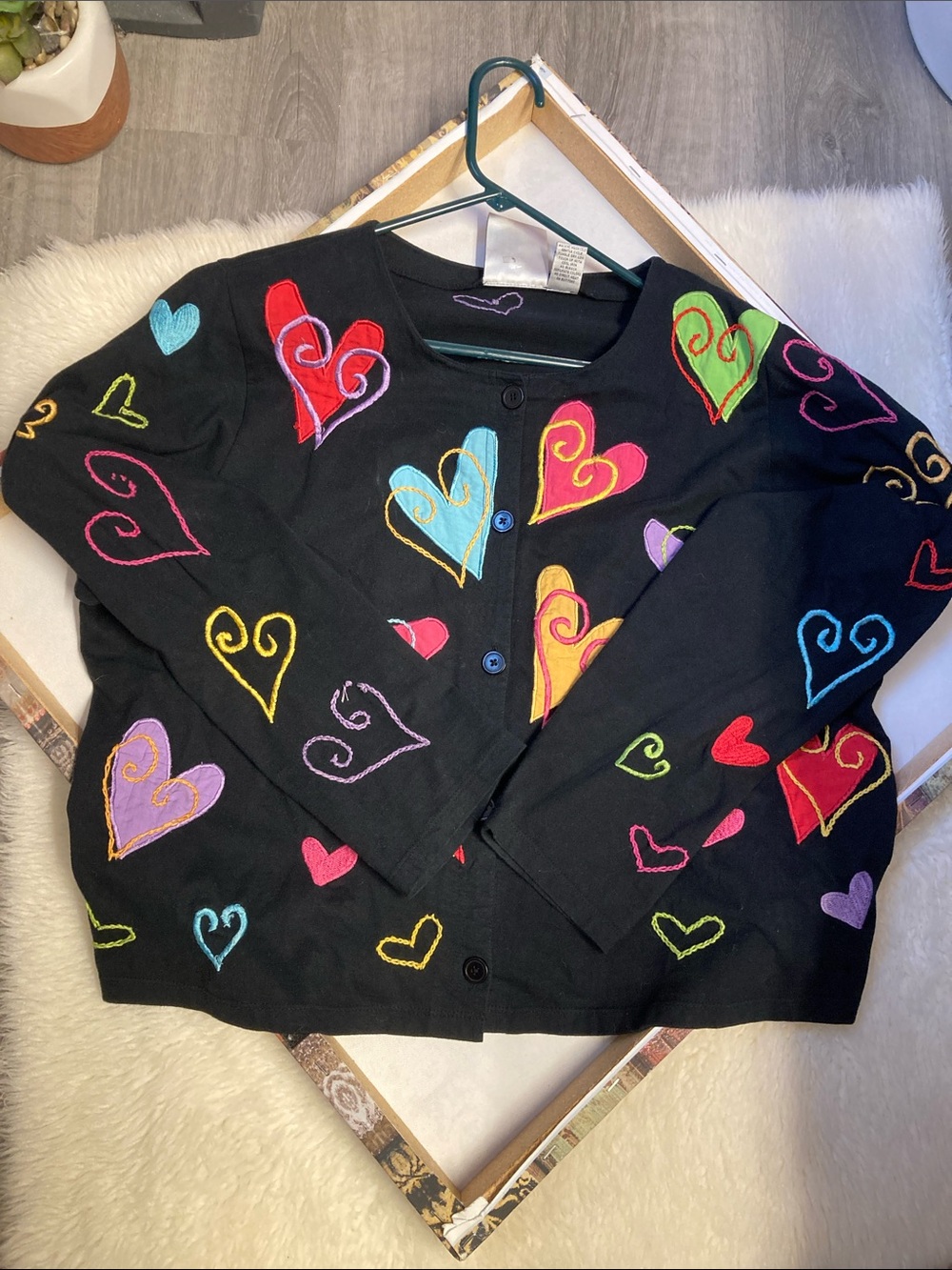 Michael Simon Black Heart Embroidered Multicolor Cotton Button Up Cardigan Sz 1X